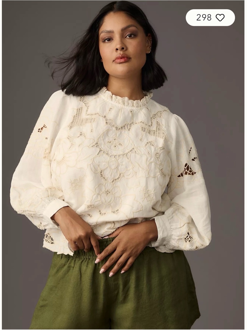 Anthropologie Lainie High Neck Ivory Lace Cutwork Long-Sleeve Blouse - Picture 3 of 11